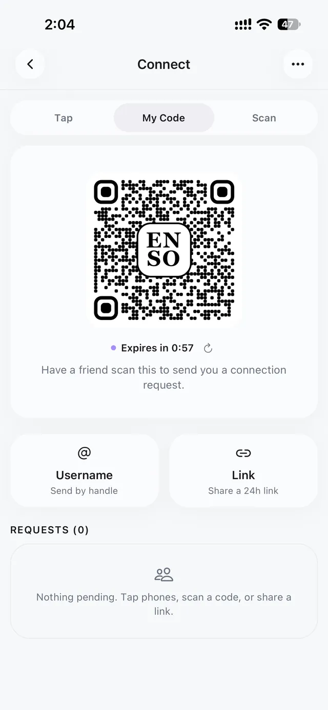 Enso's My Code screen: a QR code that expires in under a minute.