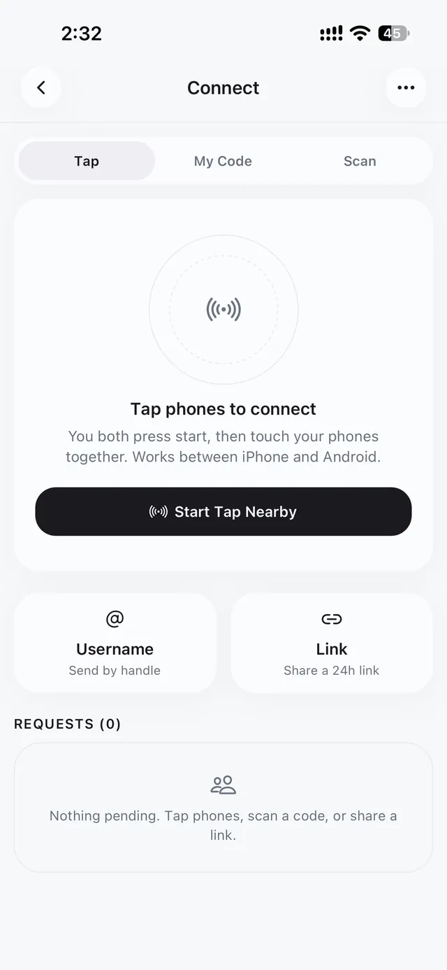 Enso's Connect screen: Tap phones to connect — works between iPhone and Android.