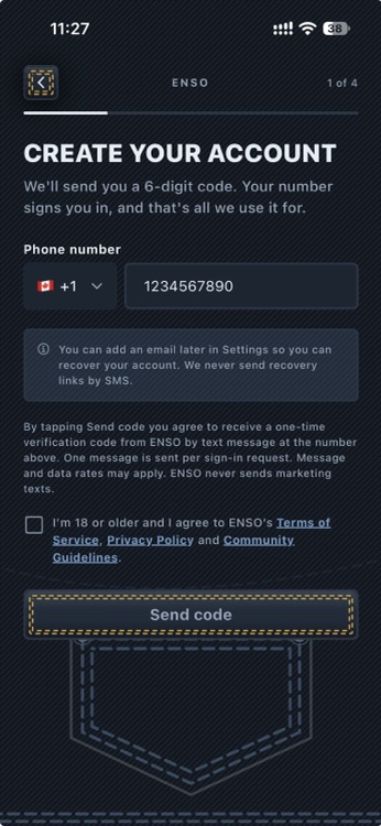 Enso Create your account screen: phone number field, the SMS disclosure, an unticked consent checkbox, and a greyed-out Send code button