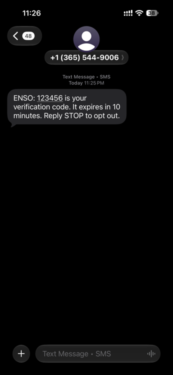 The verification code text message received from Enso